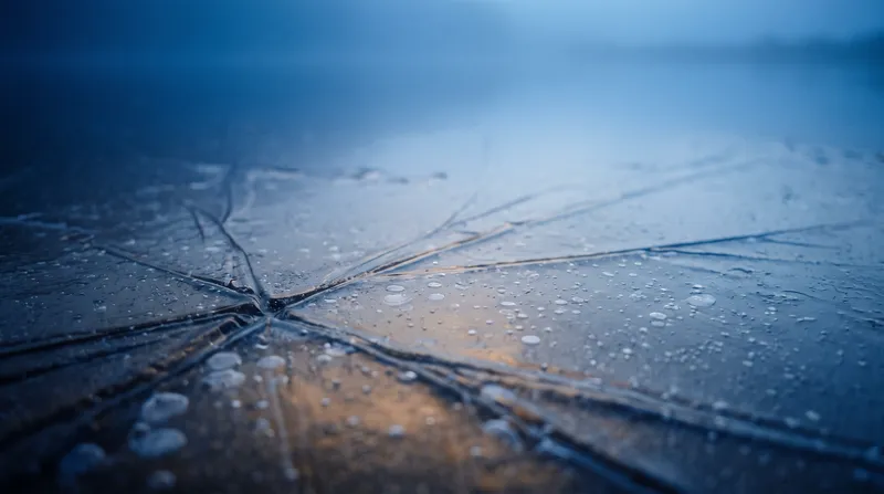 Cracked Thin Ice on Blue Misty Water — AI-generated photograph