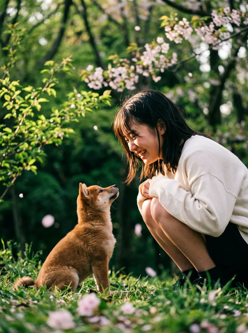 Young Woman and a Dog in Dappled Spring Light — AI-generated photograph