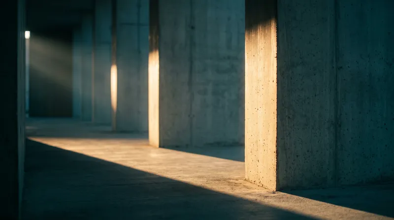 Amber and Teal Concrete Colonnade at Dawn — AI-generated photograph