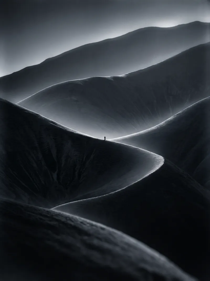 Serpentine Mountain Ridges in Selenium Monochrome — AI-generated photograph