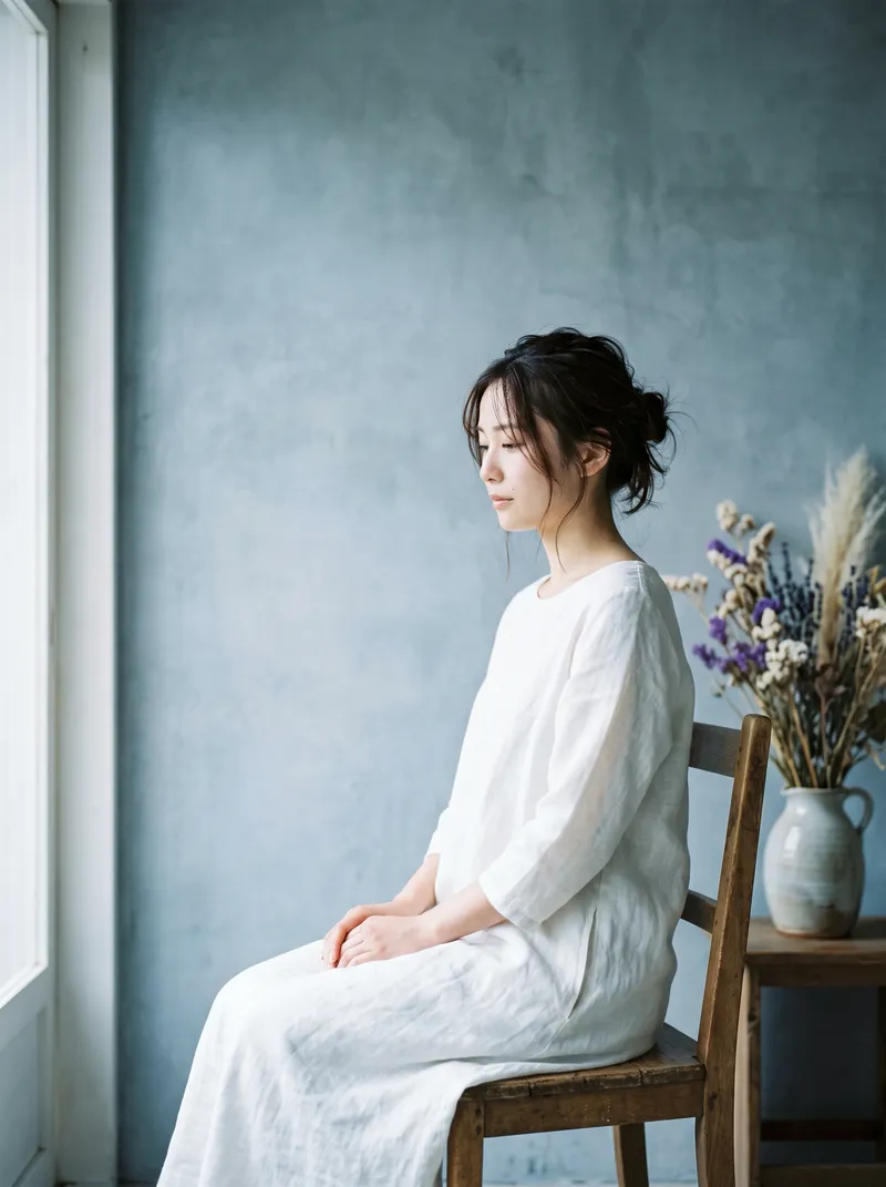 Seated Woman in White Linen by an Overcast Window — AI-generated photograph