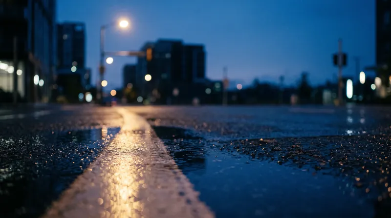 Wet Asphalt Reflecting Streetlight at Dusk — AI-generated photograph