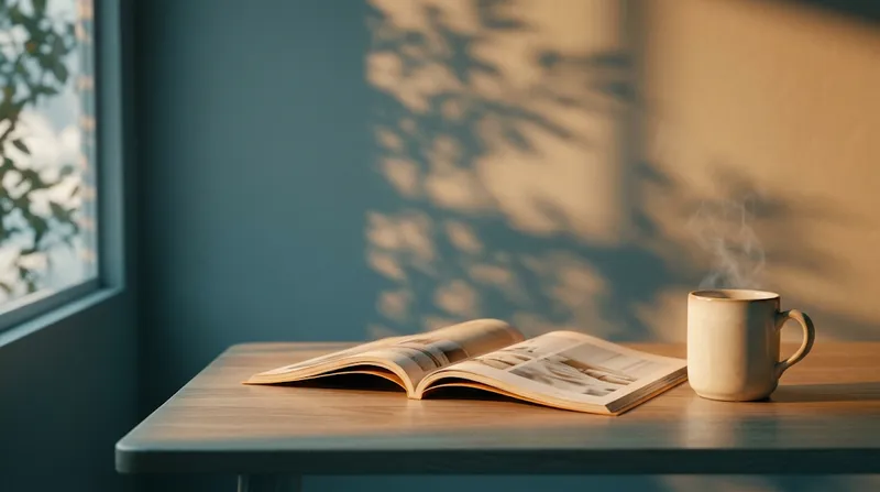 Magazine and Coffee Mug in Warm Afternoon Light — AI-generated photograph