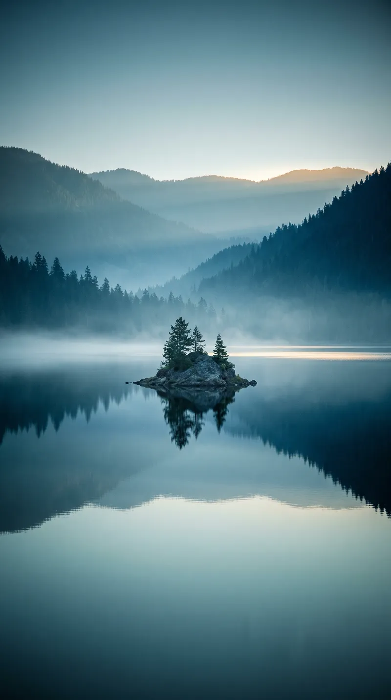 Lone Conifer Islet Mirrored in a Misty Lake — AI-generated photograph