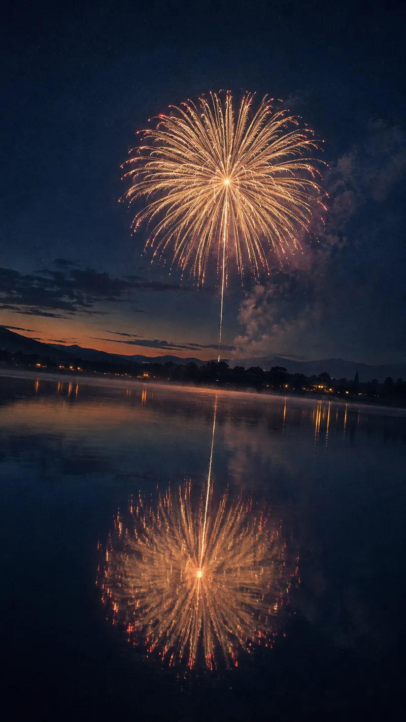 Single Firework Reflected in Still Water — AI-generated photograph