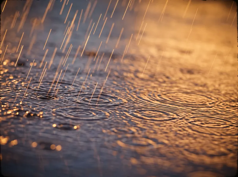 Golden Backlit Rain on Amber Dusk Water — AI-generated photograph