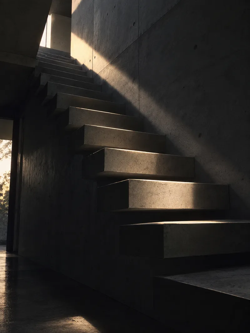 Concrete Steps Cut by a Narrow Sunbeam — AI-generated photograph