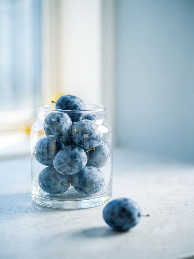 Blue Plums in a Glass Bowl in Cool Morning Light — AI-generated photograph
