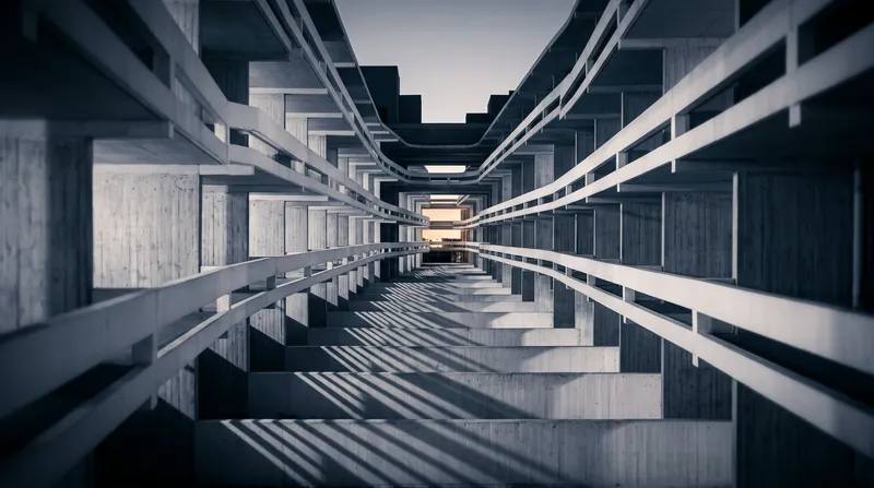 Layered Concrete Balconies in Selenium Monochrome — AI-generated photograph