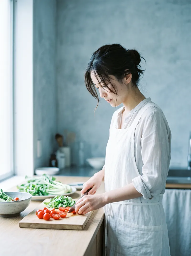 Woman Slicing Vegetables in Cool Window Light — AI-generated photograph