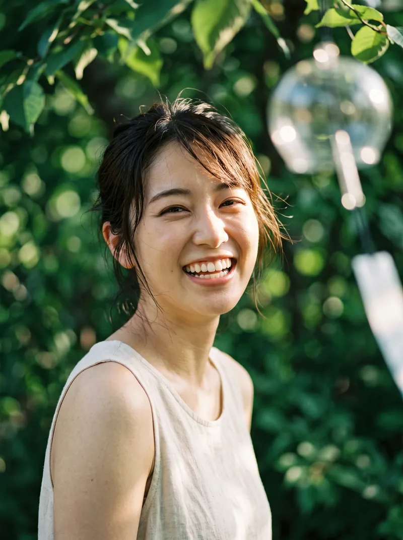Smiling Woman in Dappled Summer Light — AI-generated photograph