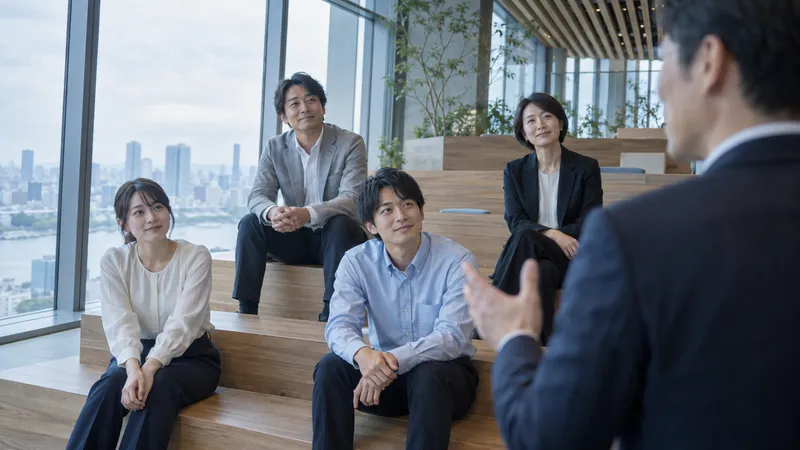 Employees Listening on Timber Tiered Seating — AI-generated photograph