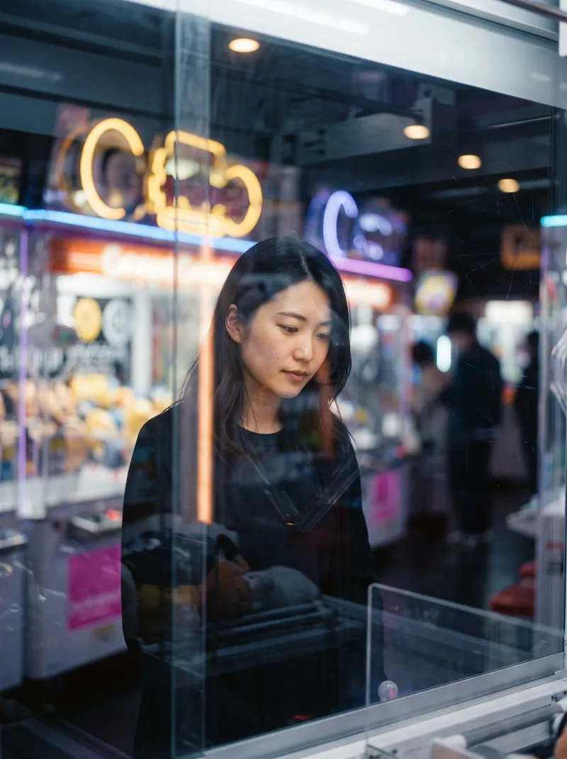Young Woman Among Arcade Crane Machines at Night — AI-generated photograph