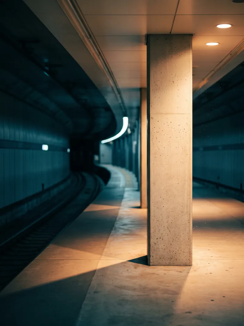 Amber-Lit Metro Platform in Teal Shadow — AI-generated photograph