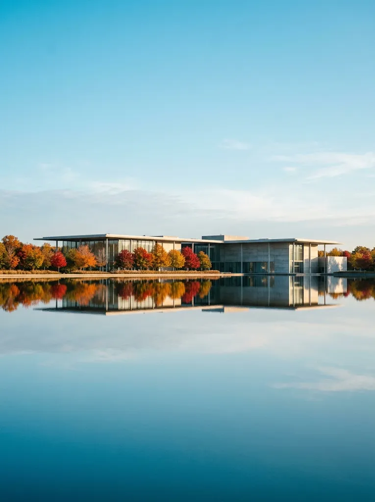 Glass Museum Mirrored in an Autumn Reflecting Pool — AI-generated photograph