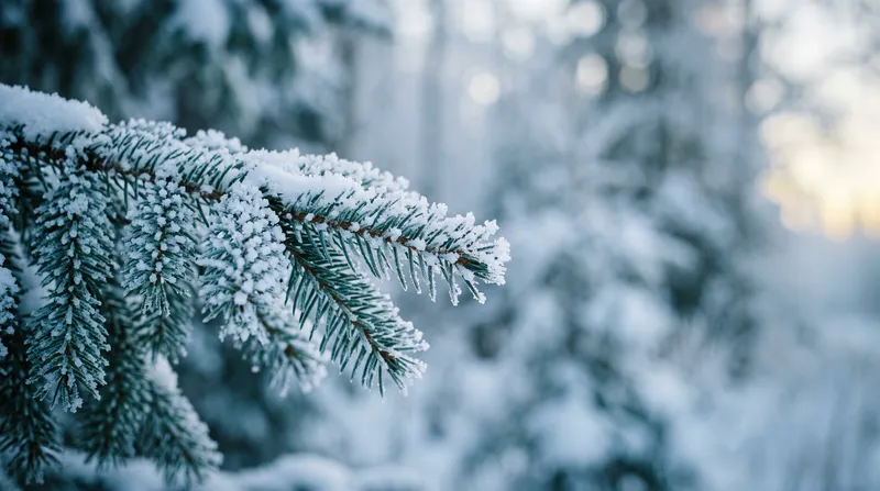Rime and Snow on Green Cedar Needles — AI-generated photograph