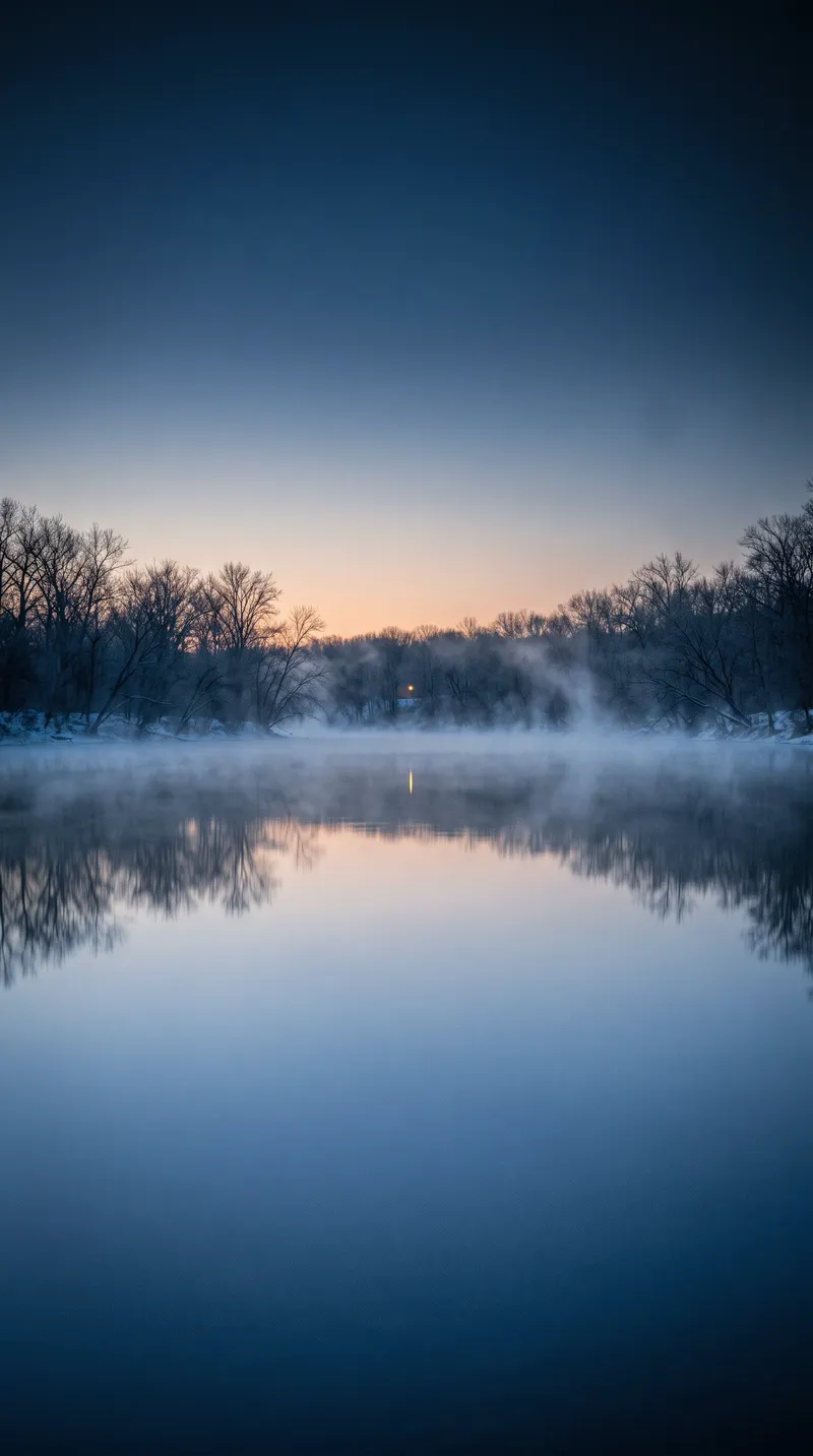 Bare Winter Trees Mirrored in a Misty River — AI-generated photograph