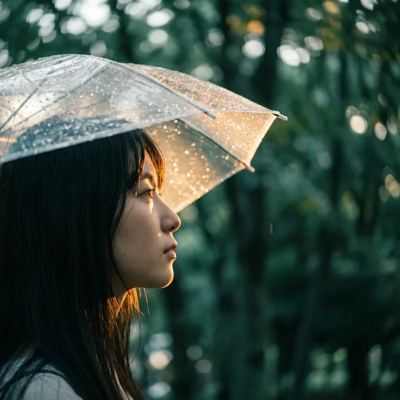 Profile of a Woman with Clear Umbrella — AI-generated photograph