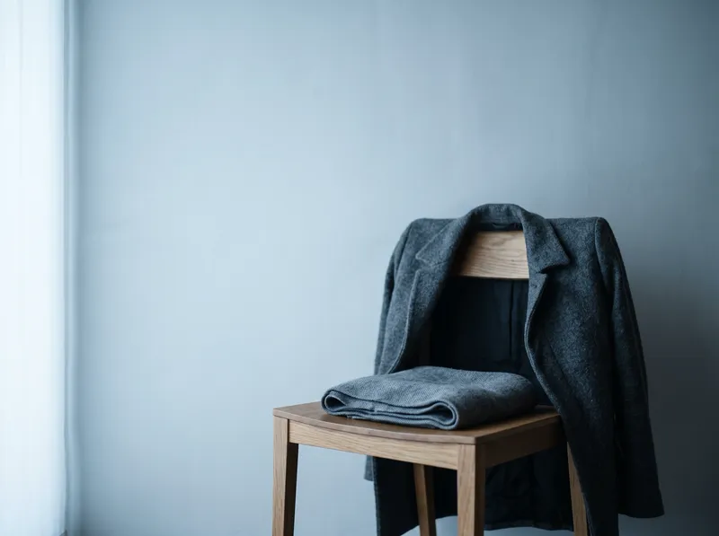 Charcoal Wool Coat on a Chair by an Overcast Window — AI-generated photograph
