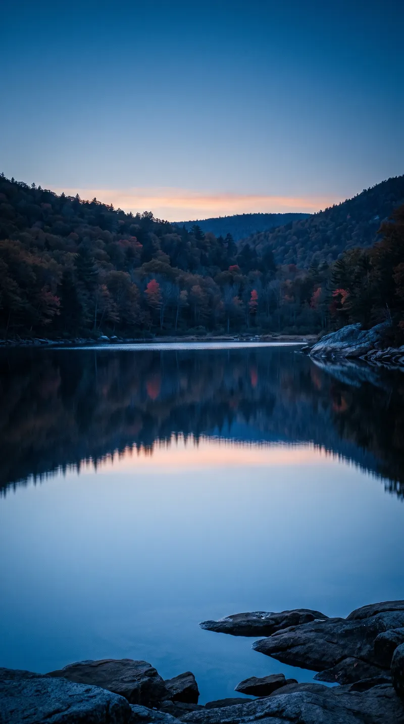 Autumn Canopy Mirrored in a Still Stream Pool — AI-generated photograph