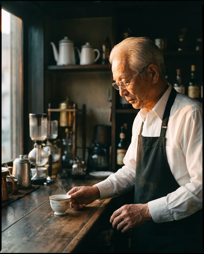 Elderly Barista Behind a Wooden Cafe Counter — AI-generated photograph