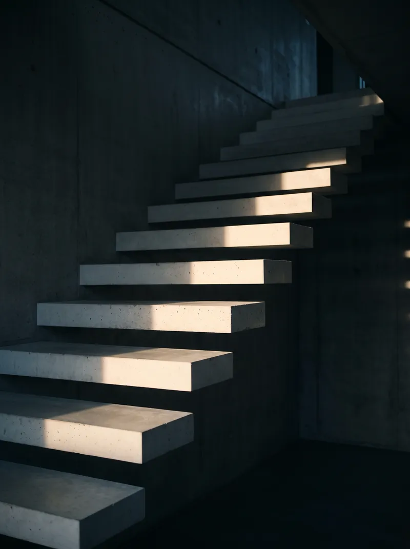 Concrete Cantilever Staircase in Raking Light — AI-generated photograph