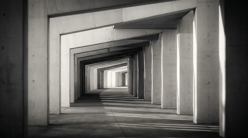 Layered Concrete Colonnade in Silver Monochrome — AI-generated photograph