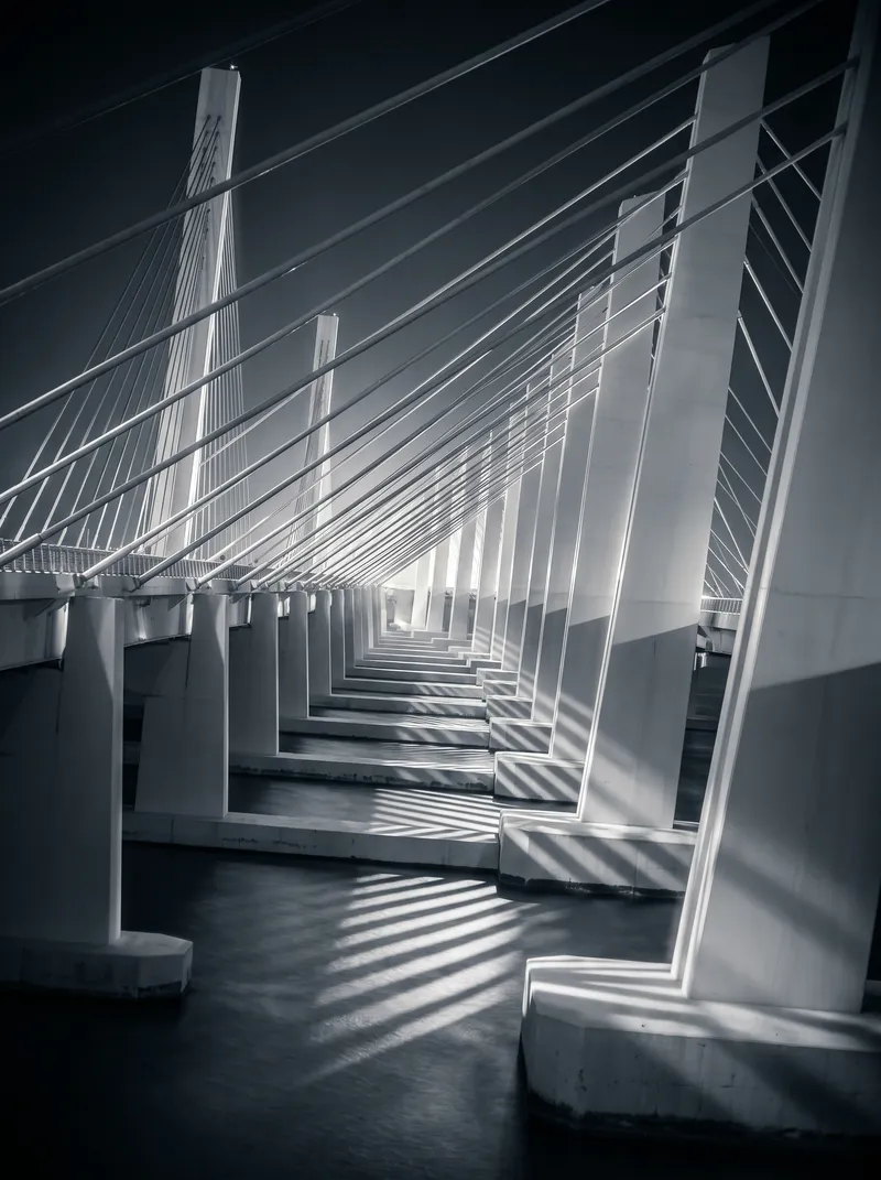 Layered Bridge Piers in Selenium Monochrome — AI-generated photograph