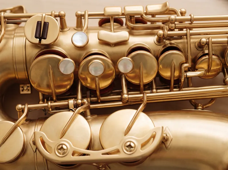 Close-up of Saxophone Keys and Pearl Touches — AI-generated photograph