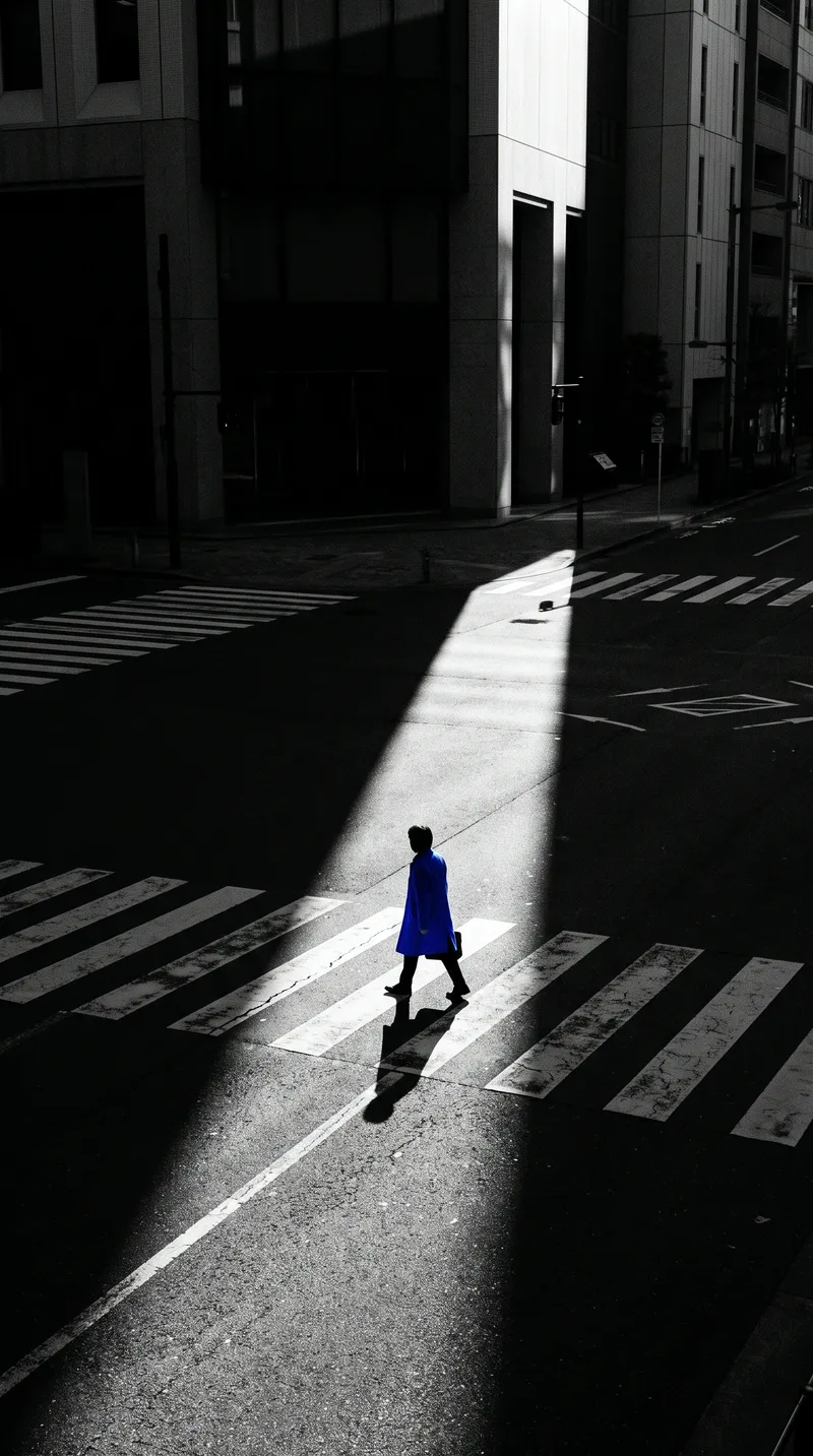 Blue-Coated Figure in a Diagonal Light Shaft — AI-generated photograph