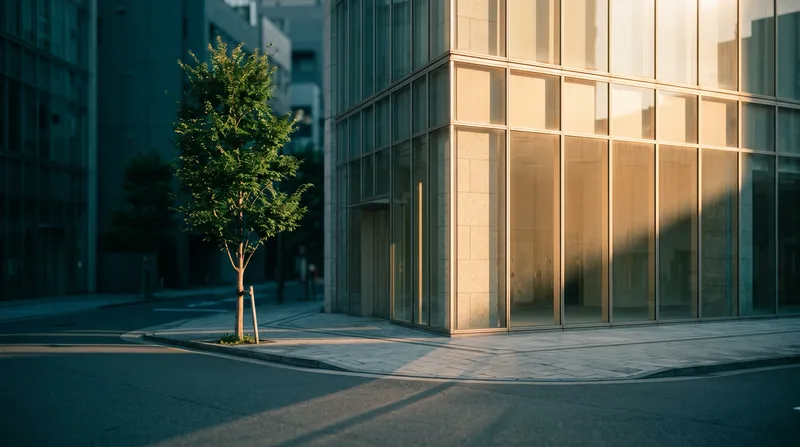 Sunlit Glass Corner Above a Long Tree Shadow — AI-generated photograph
