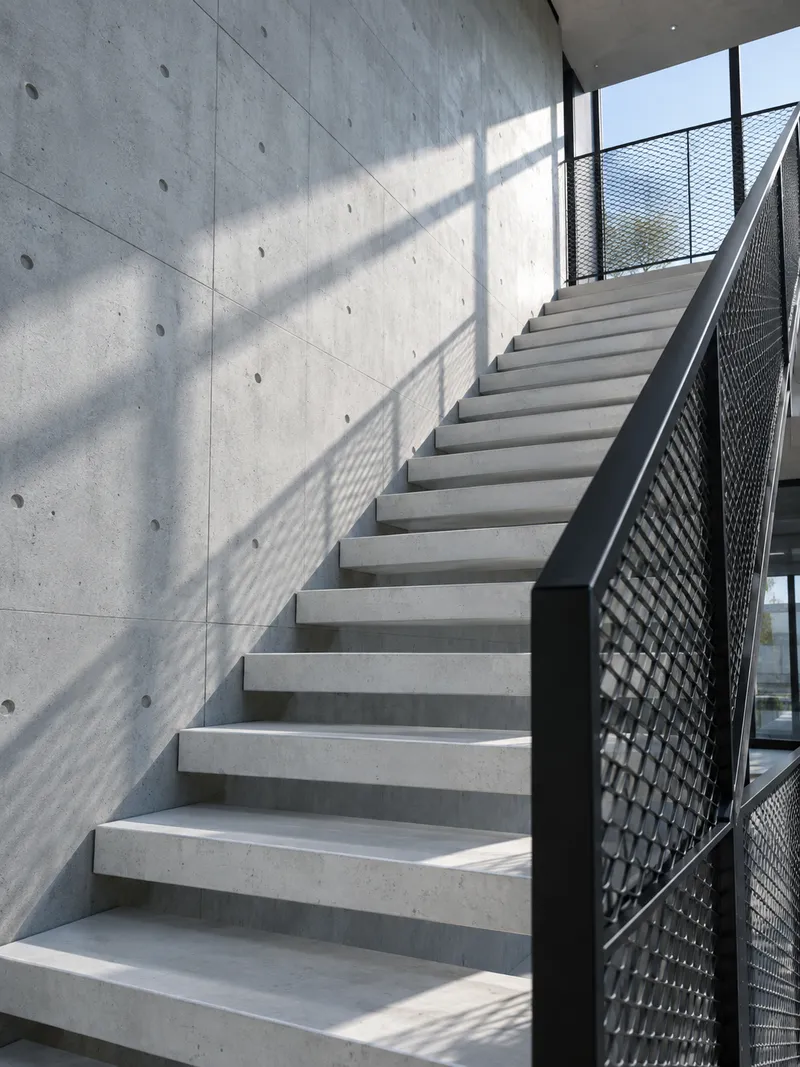 Concrete Office Stairs with Metal Mesh — AI-generated photograph