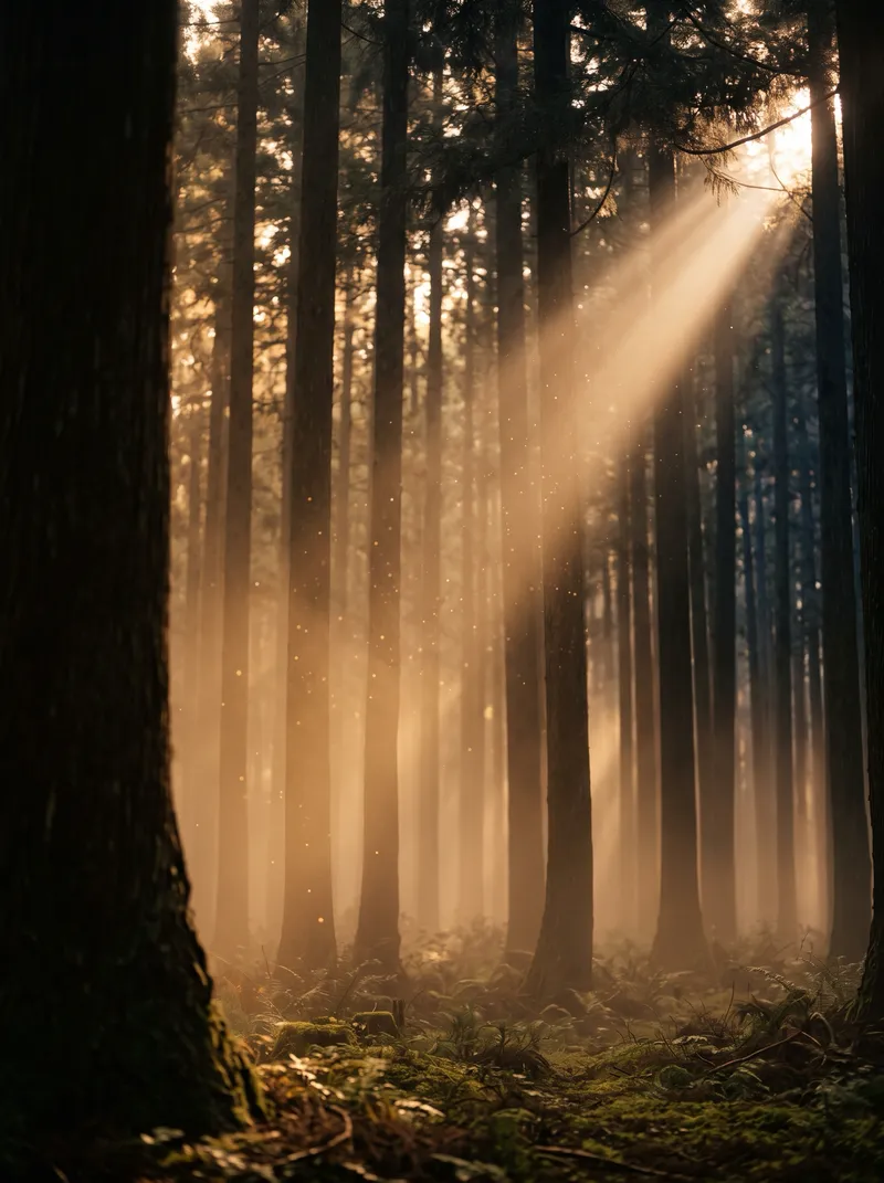 Amber Sunbeam Through a Misty Forest — AI-generated photograph