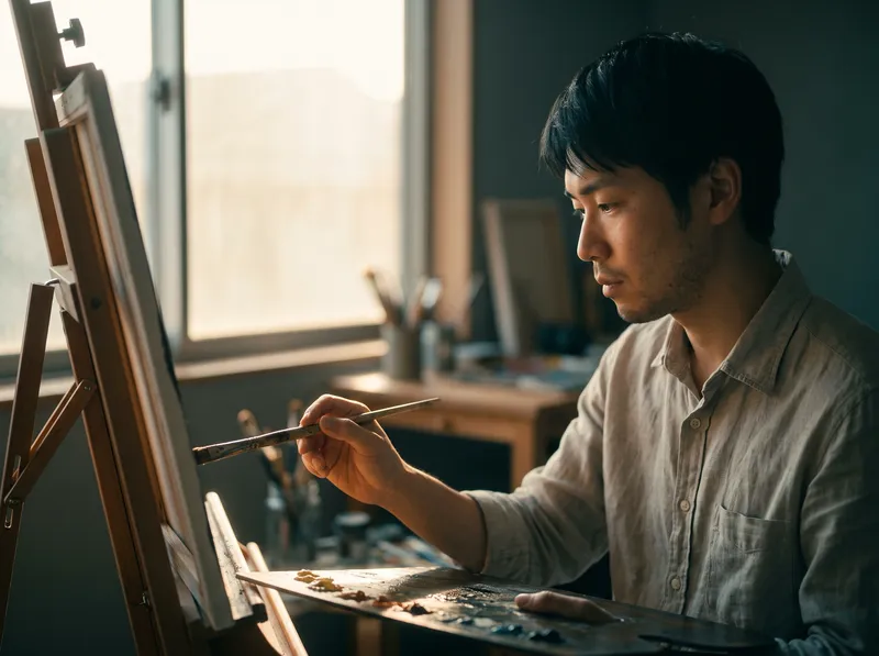 Man Painting at an Easel in Afternoon Window Light — AI-generated photograph