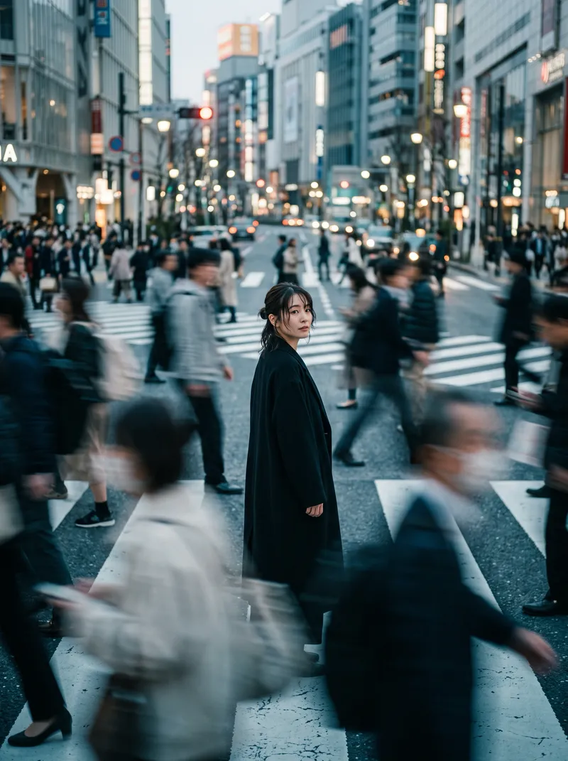 Still Woman Turning in a Blurred Dusk Crowd — AI-generated photograph