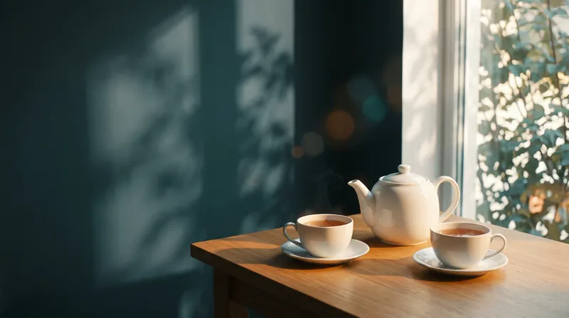 White Teapot and Cups in Warm Window Light — AI-generated photograph