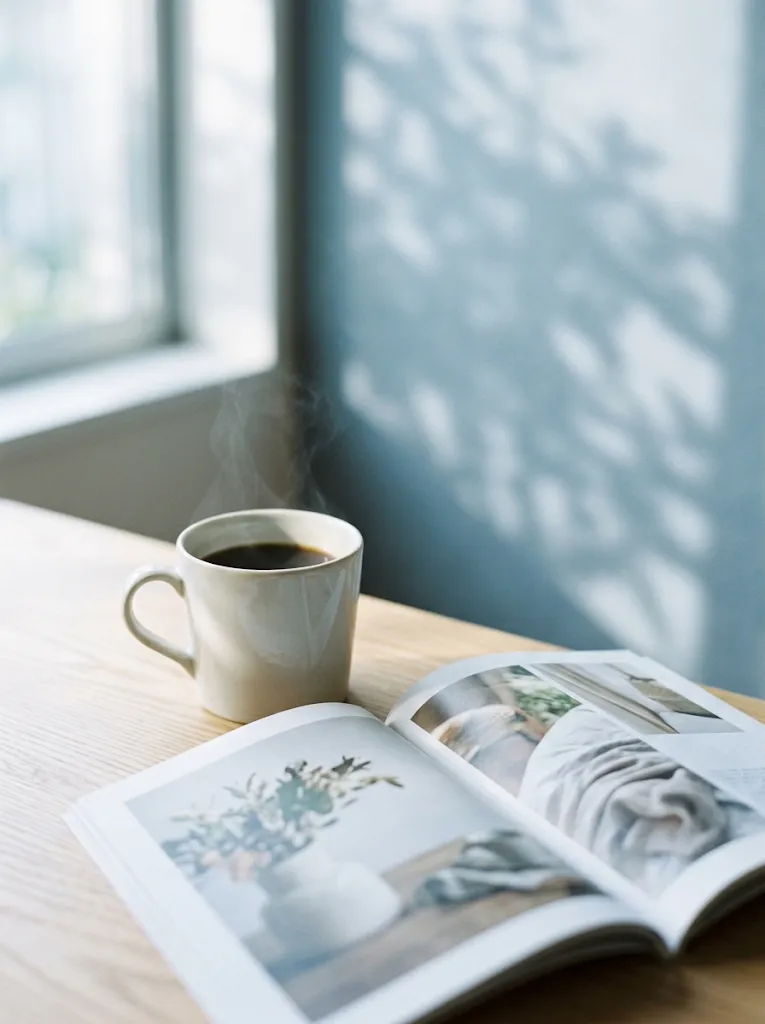 Close-up of a Coffee Mug and Open Magazine — AI-generated photograph