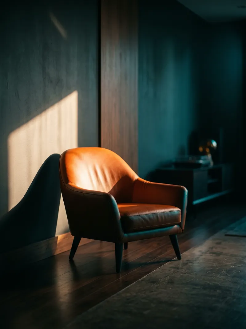 Orange Leather Armchair in a Dark Panelled Lounge — AI-generated photograph