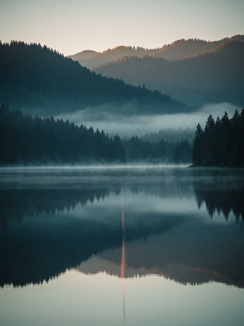 Alpenglow on Conifer Ridges Above a Mirror Lake — AI-generated photograph
