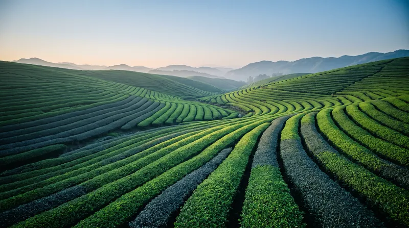 Terraced Green Tea Rows in Clear Morning Light — AI-generated photograph