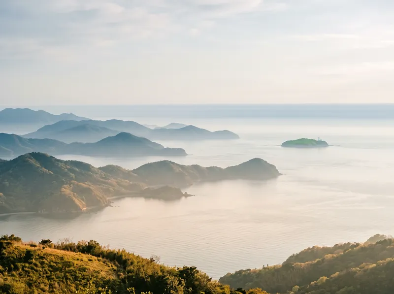 Distant Island Lighthouse Among Layered Spring Haze — AI-generated photograph