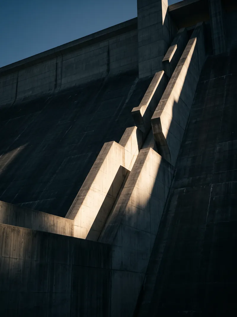 Concrete Dam Face in Raking Afternoon Light — AI-generated photograph