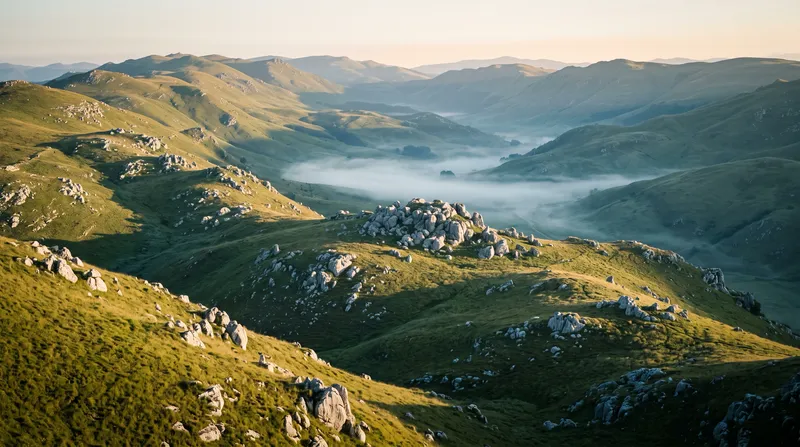 Limestone Karst Grassland in Morning Mist — AI-generated photograph