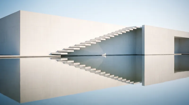 White Cantilever Stair Above a Still Reflecting Pool — AI-generated photograph