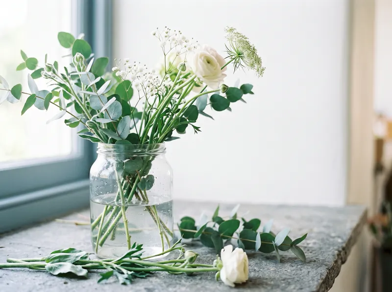 Cut Flowers in a Clear Glass Jar — AI-generated photograph