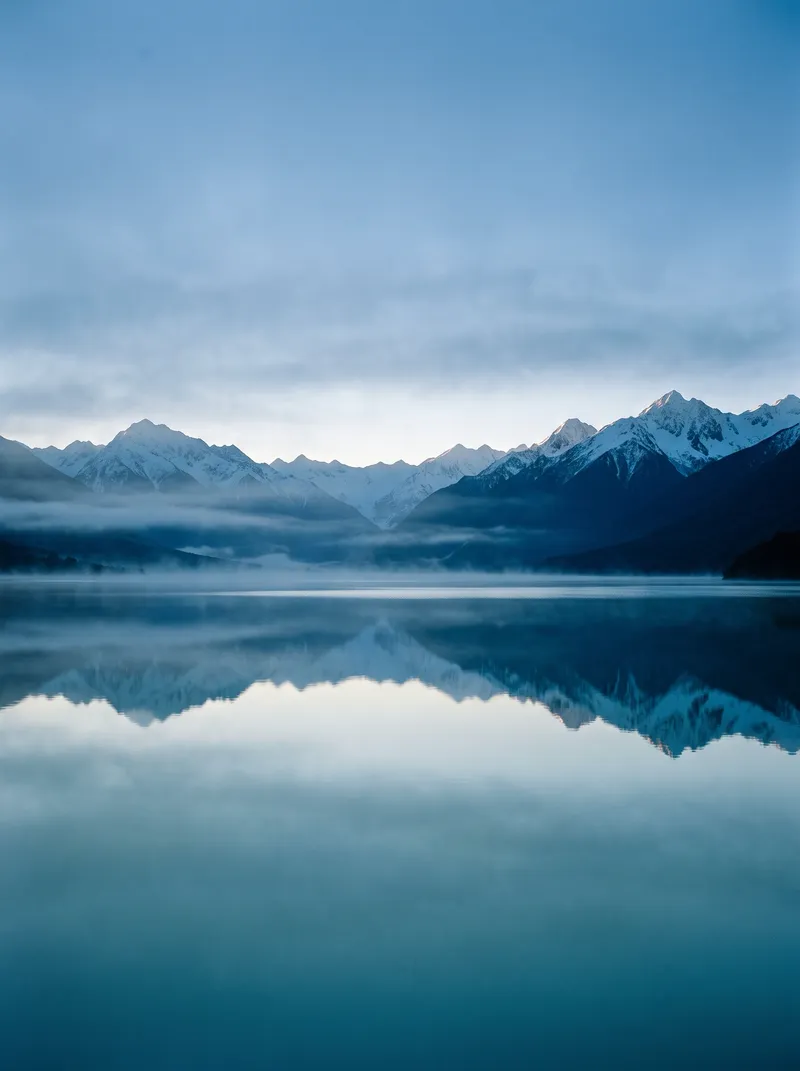 Snowy Ridges Mirrored in a Misty Lake — AI-generated photograph