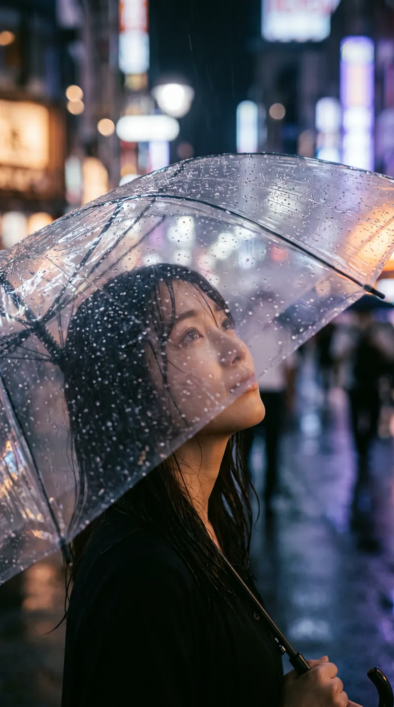 Woman Under a Clear Umbrella in Neon Rain — AI-generated photograph