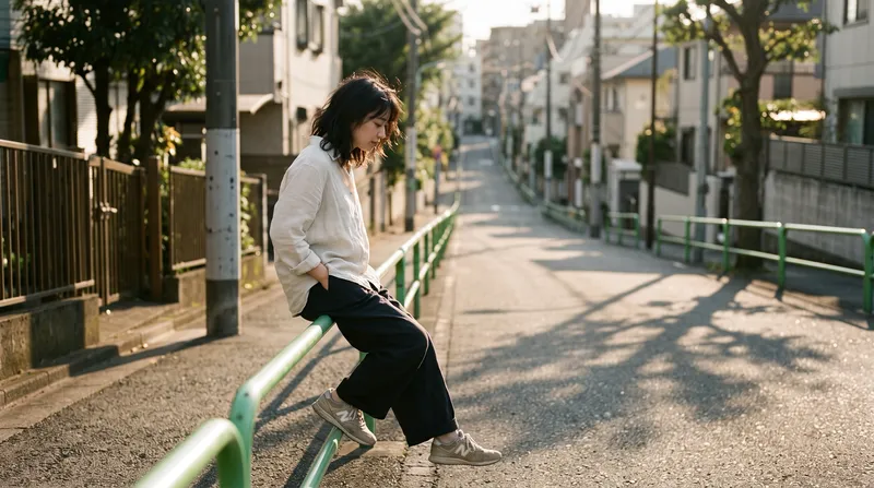 Woman Leaning on a Green Guardrail at Dusk — AI-generated photograph