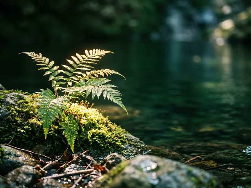 Sunlit Fern Over a Dark Emerald Pool — AI-generated photograph