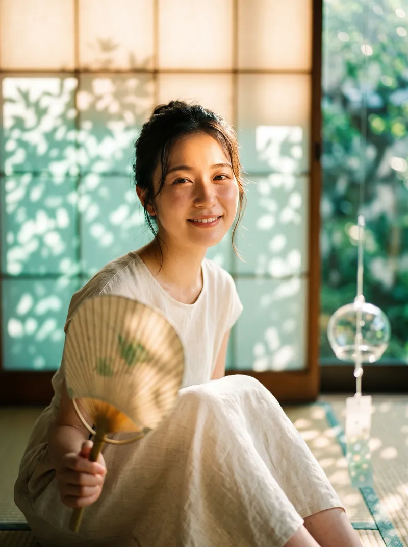 Woman with a Paper Fan in a Sunlit Tatami Room — AI-generated photograph